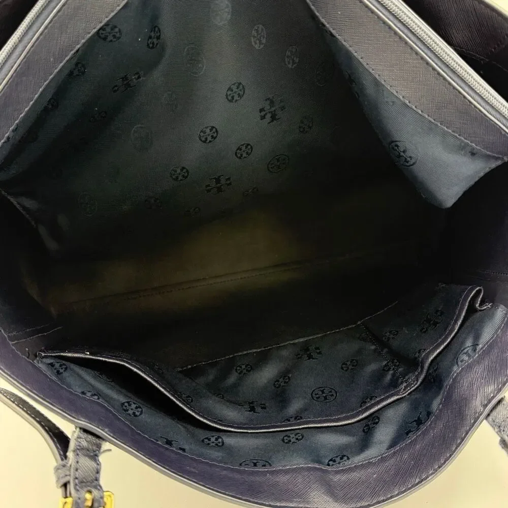 Tory Burch Navy Blue Saffiono Robinson Clutch Textured Leather Tote